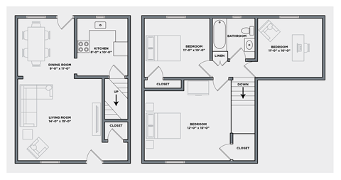Floor plan for 3 beds, 1 bath, 1060 sqft